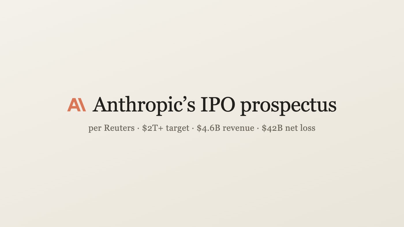 Anthropic's IPO prospectus, per Reuters: a $2 trillion-plus target, $4.6B in revenue and a $42B loss