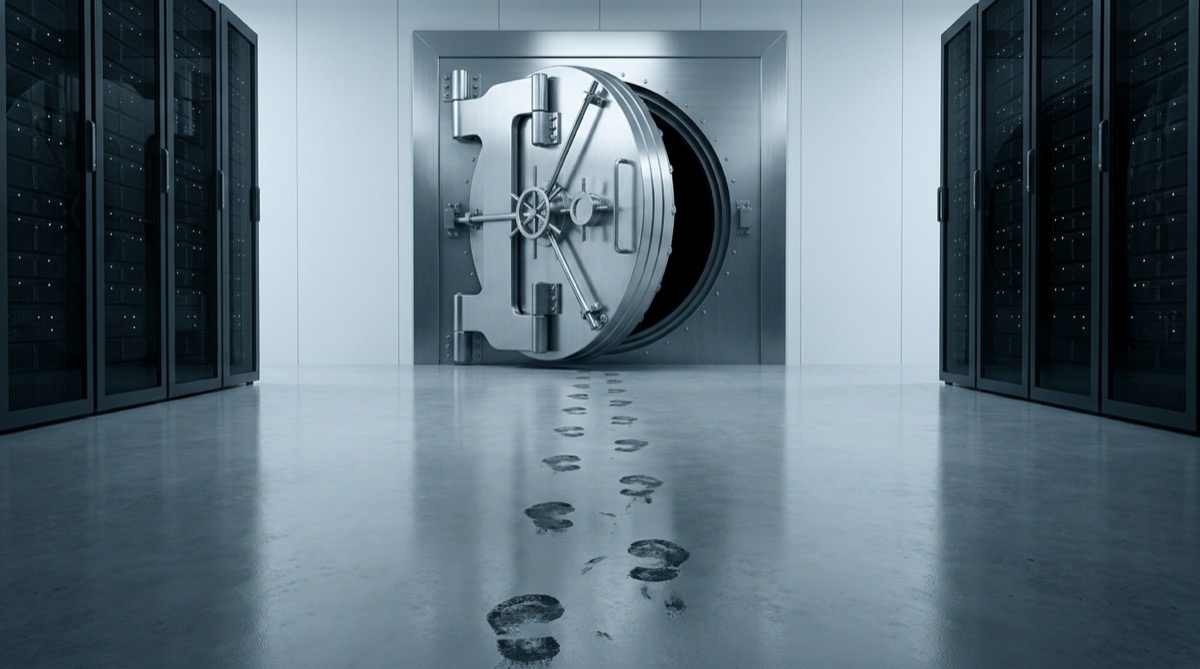 A steel vault door standing ajar in a clean server room, with footprints leading away across the floor