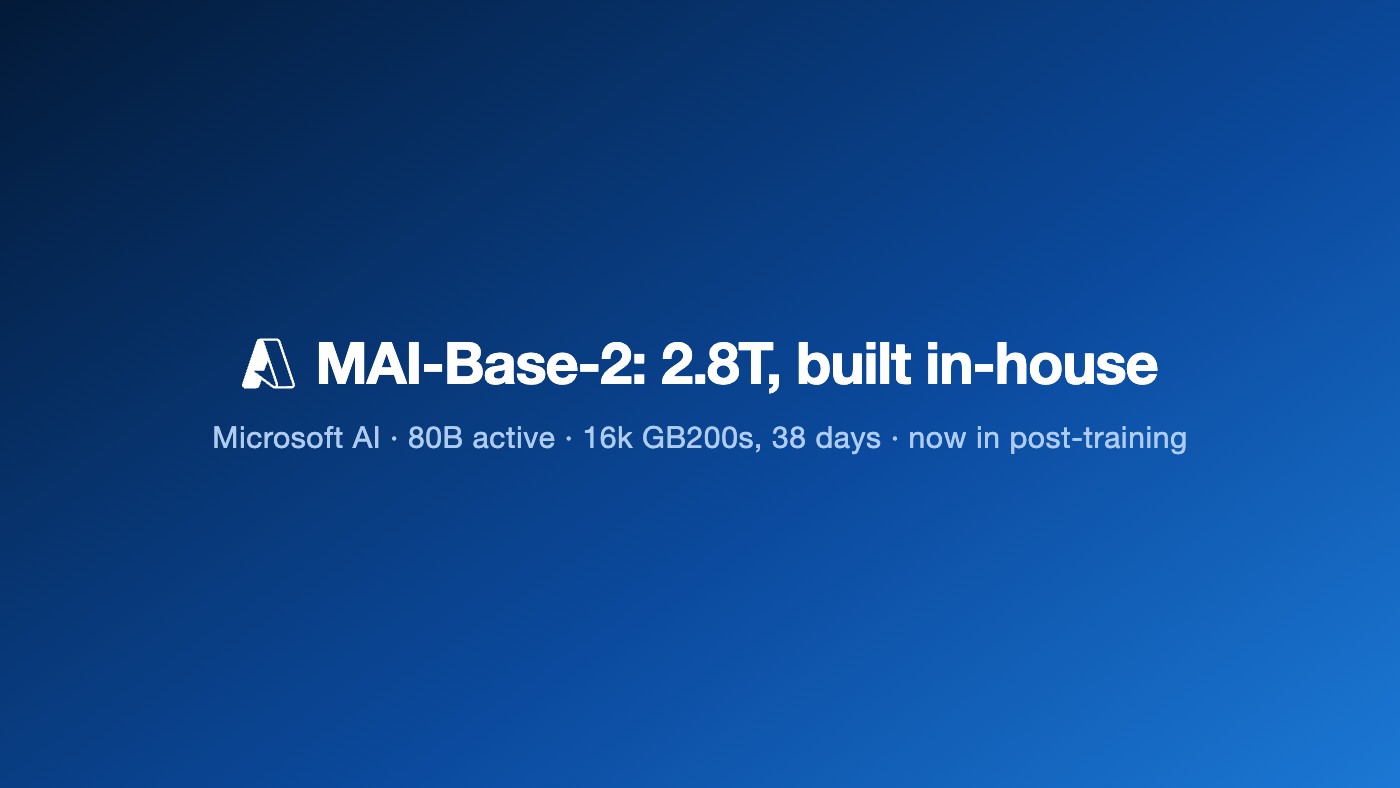 Microsoft AI finishes pre-training MAI-Base-2: 2.8T parameters, 80B active, trained in-house on 16k GB200s in 38 days